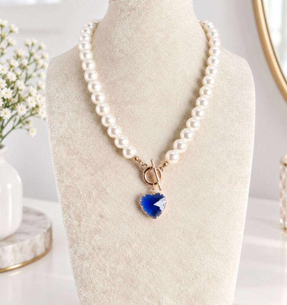Pearl Blue Glass Heart Toggle Necklace New